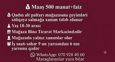 Satış: Satış məsləhətçisi tələb olunur, Yalnız qadınlar üçün, 18-29 yaş, Təcrübəsiz — 1