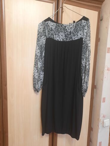 черно белые платья: Вечернее платье, Средняя модель, С рукавами, 2XL (EU 44)