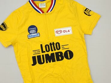 Żółta koszulka kolarska z krótkim rękawem, zdobiona logotypami