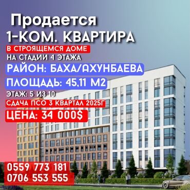 Продажа квартир: 1 комната, 45 м², Элитка, 5 этаж, ПСО (под самоотделку)