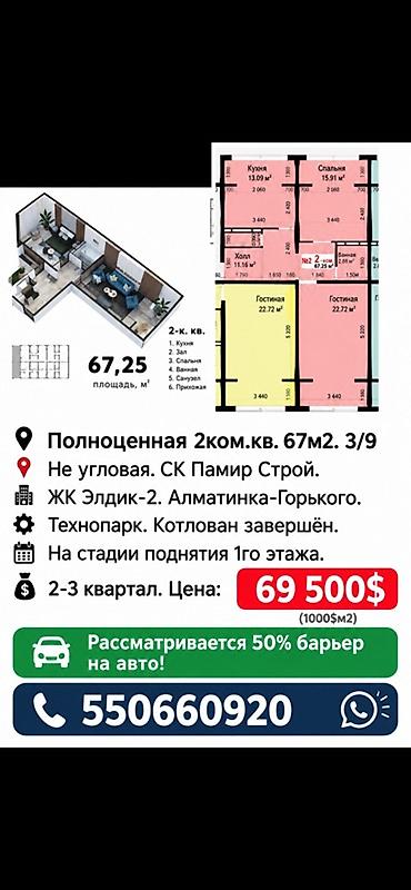67: 2 комнаты, 67 м², ул. Горького / Алматинка Элитка, 3 этаж, ПСО (под самоотделку) — 1