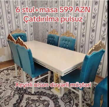 Masa və oturacaq dəstləri: Qonaq otağı üçün, Yeni, Açılmayan, Dördbucaq masa, 6 stul — 9