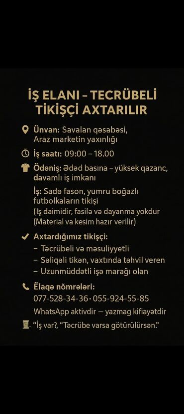 Taksi, logistika, çatdırılma: Dərzi tələb olunur, 3-5 illik təcrübə, 6/1, Aylıq ödəniş