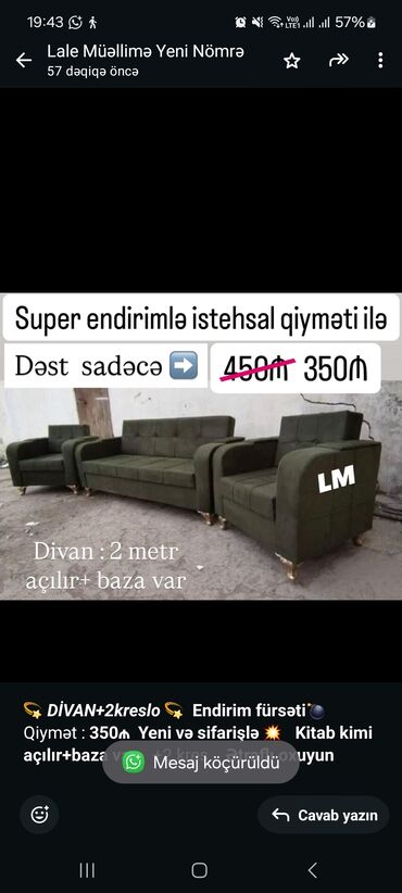 Divan və kreslo dəstləri: İşlənmiş, Divan, 2 kreslo, Bazalı, Açılan