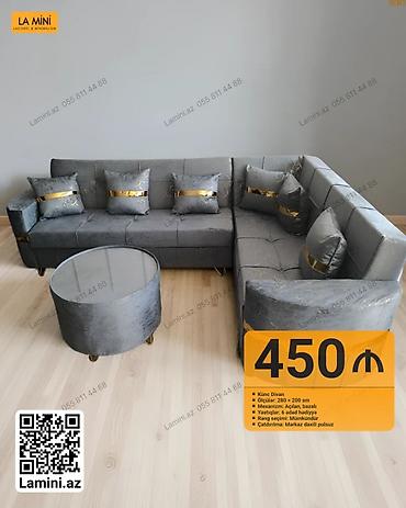 Künc divan – müasir dizayn, boz qalın parça üzlük və qızılı detallar