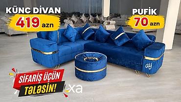 kuxna stol stul divan: Mavi məxmər künc divan və pufik dəsti - Künc divan: 419 azn (şəkildə — 1