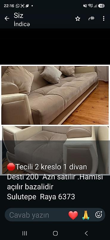 купить кресло раскладное бу: Mebel dəsti: 2 kreslo + 1 divan - Rəng: bej-ton - Material: yumşaq — 1