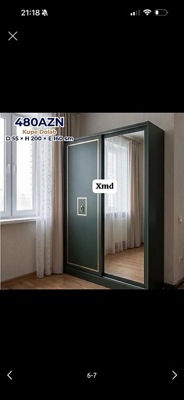 Kupe dolab – sürgülü qapılı, şüşə güzgülü model. Ölçülər: dərinlik 55
