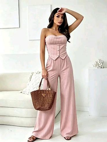 planika: Ženski dvodelni set – korset top i široke pantalone sa pinstripe — 5