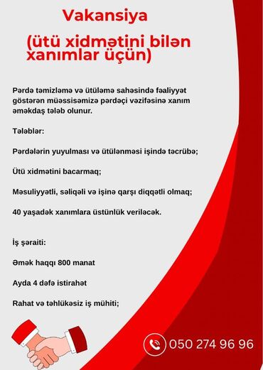 zabratda is elanlari 2023: Xadimə tələb olunur, 30-45 yaş, 1 ildən az təcrübə, 1/1, Aylıq ödəniş