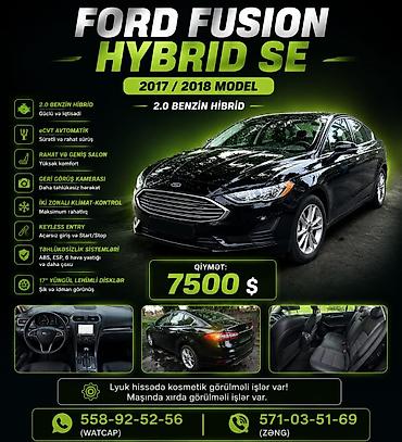 Транспорт: 🟦 FORD FUSION HYBRID SE – 2018 🔹 İl: 2017 (Model 2018) 🔹 Mühərrik: 2.0 — 1