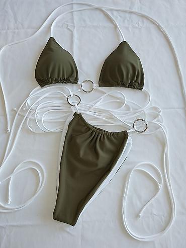 dva srca slike: Bikini set – maslinasto zeleni, sa ukrasnim metalnim prstenovima - — 5