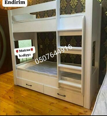 İkimərtəbəli uşaq çarpayıları: Oğlan və qız üçün, Yeni, Çarpayı, Matras ilə, Siyirməli, Laminat — 9