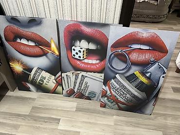 bez parca: Mövzu: 3 parçalı müasir divar tablo seti – “Red Lips & Money” — 2