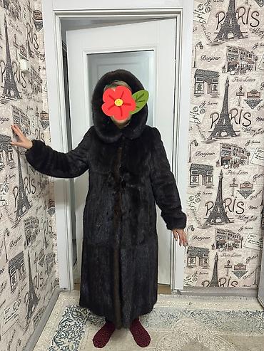 кожаный плащь: Длинная женская шуба из натурального тёмного меха (похоже на норку) с — 2