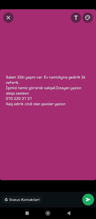 temizlikci vakansiya: Xadimə tələb olunur, 30-45 yaş, 6 ildən artıq təcrübə, Növbəli qrafik, Gündəlik ödəniş