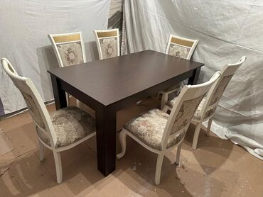 yazi stolu islenmis: Qonaq otağı üçün, İşlənmiş, Dördbucaq masa, 6 stul