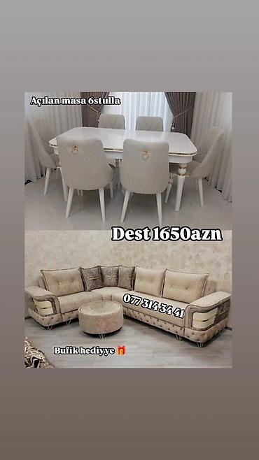 Mebel dəsti – yemək masası və künc divan - Açılan masa + 6 ədəd stul