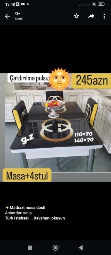 metbex stol stullari instagram: Mətbəx üçün, Yeni, Açılan, Dördbucaq masa, 4 stul