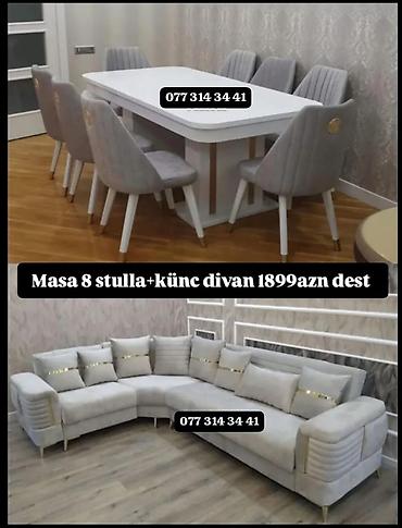 Masa və oturacaq dəstləri: Masa və 6 stul dəsti – Xmd • Komplekt: 1 yemək masası + 6 ədəd stul — 128