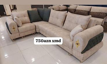 küc divan: Künc divan dəsti - Şıq, bej rəngli məxməri/qumlu toxumalı parça - — 1