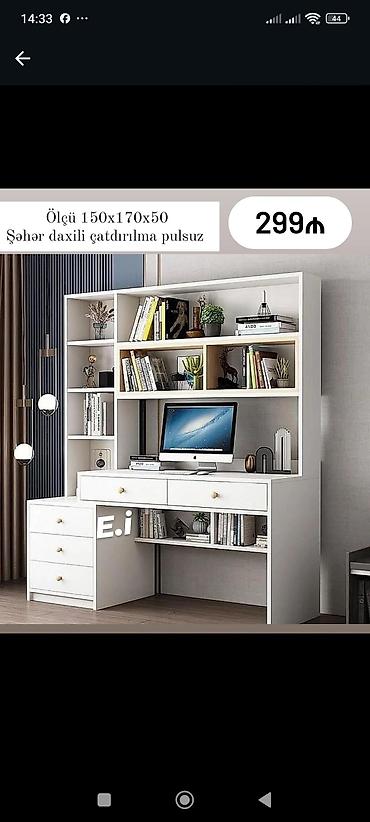 Sifarişlə ofis mebeli: Masa və üst kitab rəfi dəsti - Ölçü: 150 x 170 x 50 sm - Rəng: ağ — 1