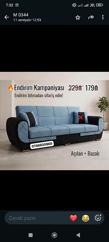 Açılan və bazalı divan - Model: 3 nəfərlik, mexanizmlə açılır, rahat