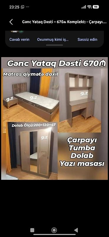qapilar gence: Gənc yataq dəsti – 670₼ Komplekt: - Çarpayı (matras qiymətə daxildir) — 1