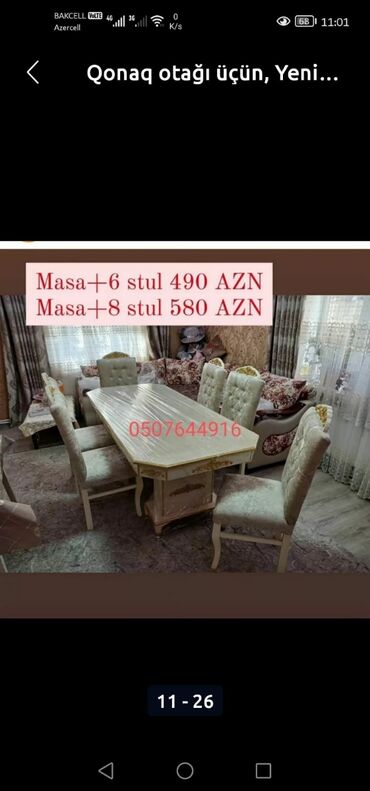 Masa və oturacaq dəstləri: Qonaq otağı üçün, Yeni, Açılmayan, Dördbucaq masa, 6 stul — 5