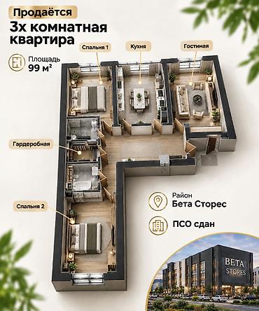 Батирлерди сатуу: 3 бөлмө, 99 м², Бета Сторес 2 Элитка, 7 кабат, ПСО (өз алдынча бүтүрүү) — 1