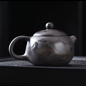 чугунный чайник: Чайник из исинской глины (коричневый), с декором «Дракон и Феникс» - — 3