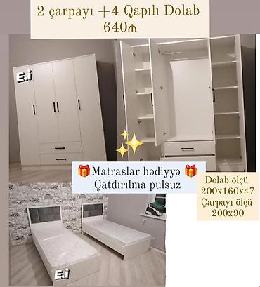 çarpaylar: Məhsul: 2 çarpayı + 4 qapılı dolab dəsti Xüsusiyyətlər: - Rəng: ağ - — 1