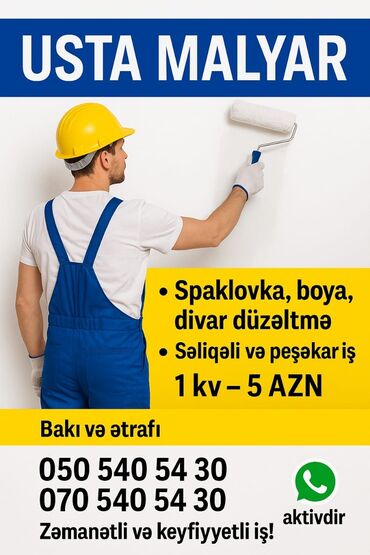 Digər tikinti xidmətləri: Divar səthlərinin spaklovka, boya və digər düzəliş işləri üçün peşəkar