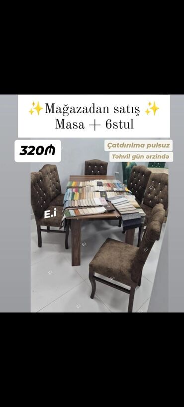 Masa və oturacaq dəstləri: Qonaq otağı üçün, Açılmayan, Dördbucaq masa, 6 stul