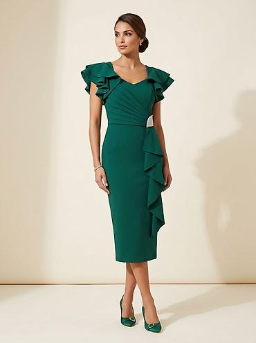 mexmer parca: Zümrüdı-yaşıl rəngdə zərif midi don. - Model: qələm silueti, dizə — 2