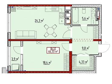 gala group: 2 комнаты, 66 м², Орто-Сай с. Элитка, 2 этаж, ПСО (под самоотделку) — 2
