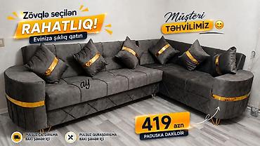 kunc divan: - Künc divan dəsti – müasir dizayn, tünd boz məxməri parça - Qızılı — 1