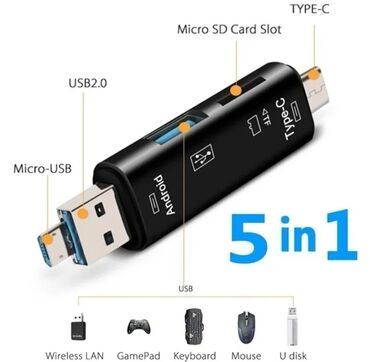 micro usb зарядка: Micro+Type-C+USB
5-in 1 Multifunctional OTG Card Reader