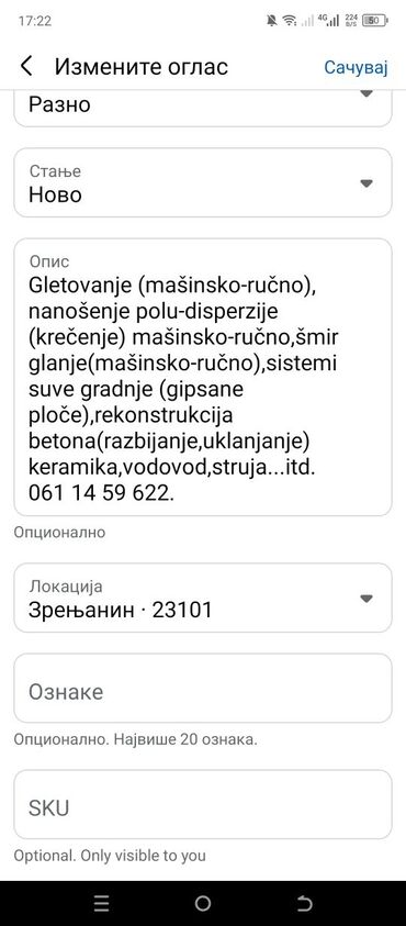 Građevinarstvo i rekonstrukcija: Usluga: Iznajmljivanje građevinskih mašina i opreme + tretmani protiv — 9