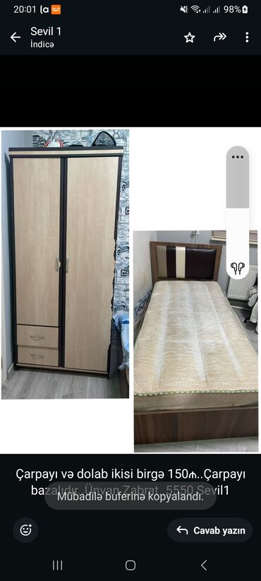 Otaq bitkiləri: Çarpayı və dolab ikisi birgə 150₼. Çarpayı bazalıdır. Ünvan