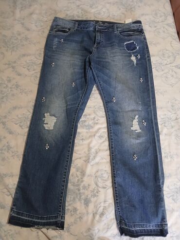 leprsave pantalone: Jeans pantalone za žene, izrađene od tamnog teksasa sa izbeljenim i