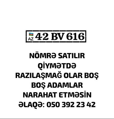 salon ucun led isiqlar: 42 BV 616 seriyalı avtomobil nömrə nişanı satılır. Qiymətdə razılaşmaq