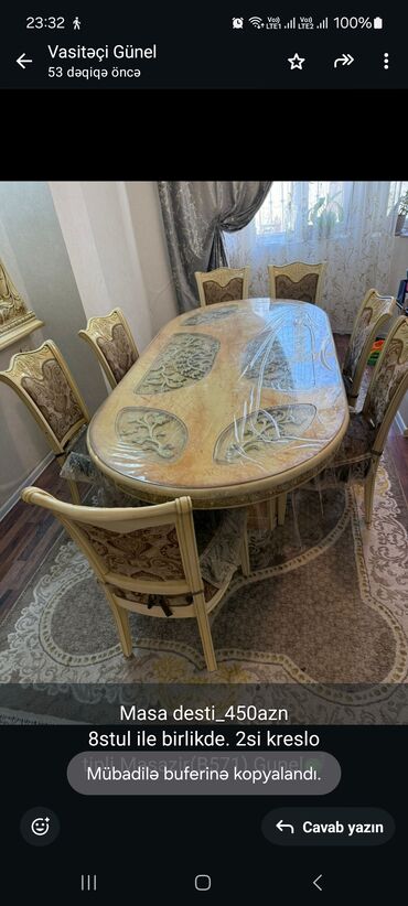 Masa və oturacaq dəstləri: Qonaq otağı üçün, İşlənmiş, Oval masa, 8 stul