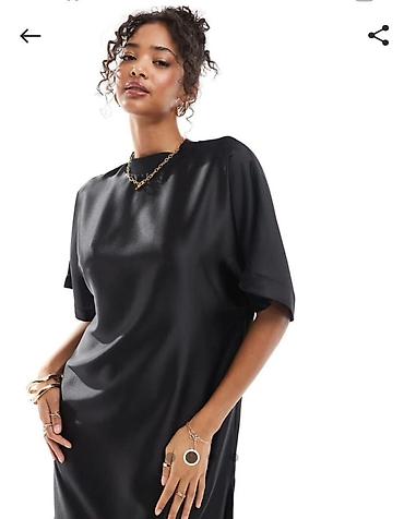 asos: Черное атласное платье длины миди от бренда ASOS DESIGN. Фасон — 3