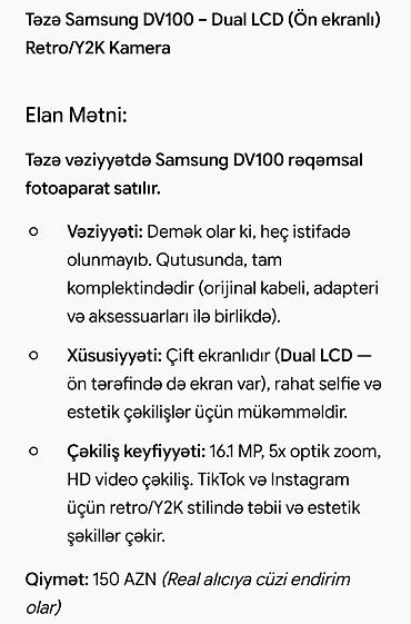dubay iphone 15 pro: Samsung DV100 rəqəmsal fotoaparat Xüsusiyyətlər: - 16.1 MP sensor - — 5
