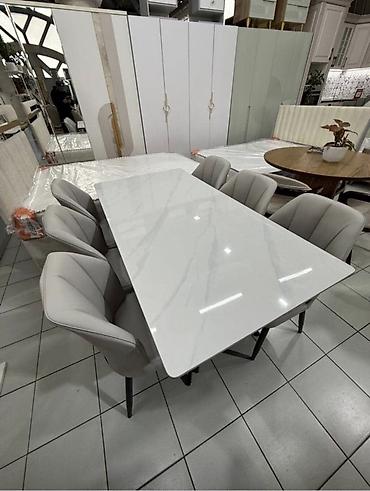 Кухонные столы: Обеденный стол с керамической столешницей под белый мрамор - — 2