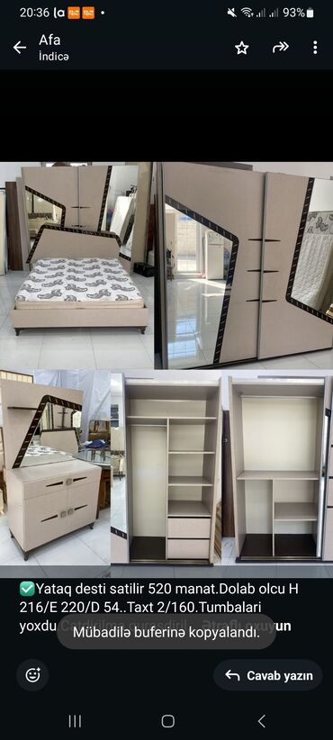 Masa və oturacaq dəstləri: ✅Yataq desti satilir 520 manat.Dolab olcu H 216/E 220/D 54. Taxt