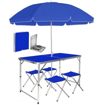 товары для пикника: Раскладной стол 120 см для пикника с 4 стульями и зонтом 180 см