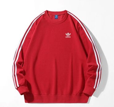 вязанная кофточка: Свитшот красный Adidas - Фирменные три полоски по рукавам в белом