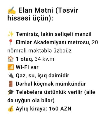 Uzunmüddətli kirayə evlər: 34 kv. m, 1 otaqlı